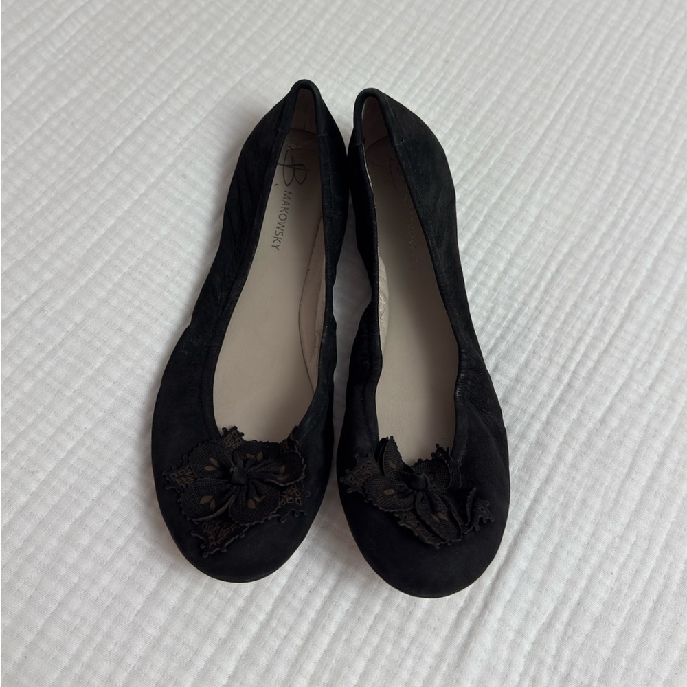 B. Makowsky Black Espadrilles with Floral Detail